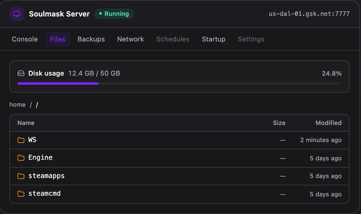 Soulmask game panel — full file manager