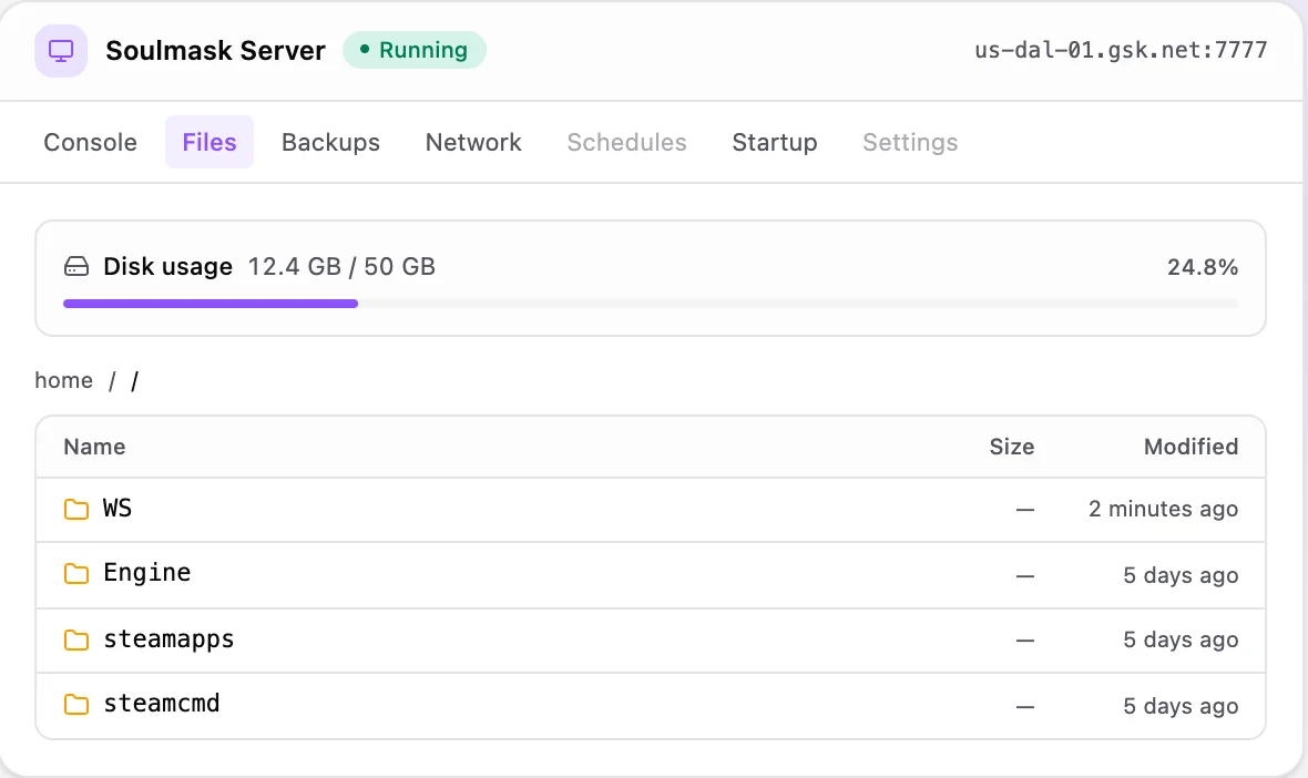Soulmask game panel — full file manager