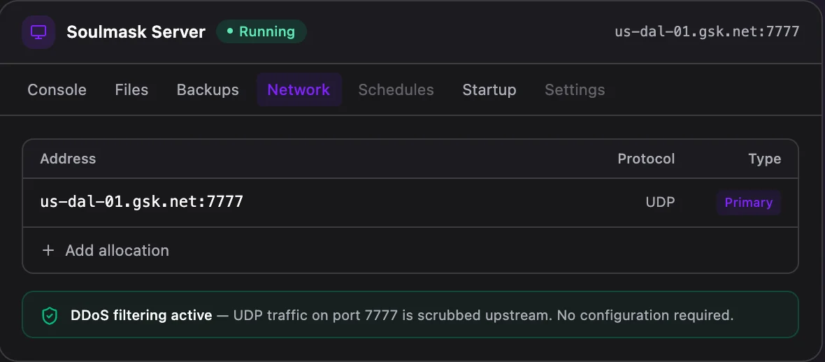 Soulmask game panel — network & allocations