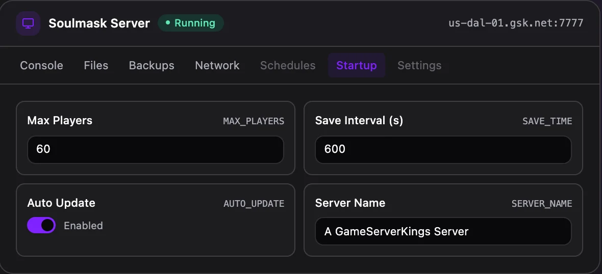 Soulmask game panel — startup configuration