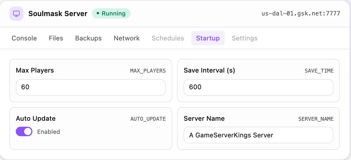 Soulmask game panel — startup configuration