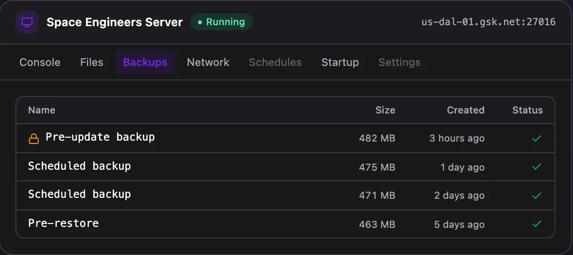 Space Engineers game panel — one-click backups