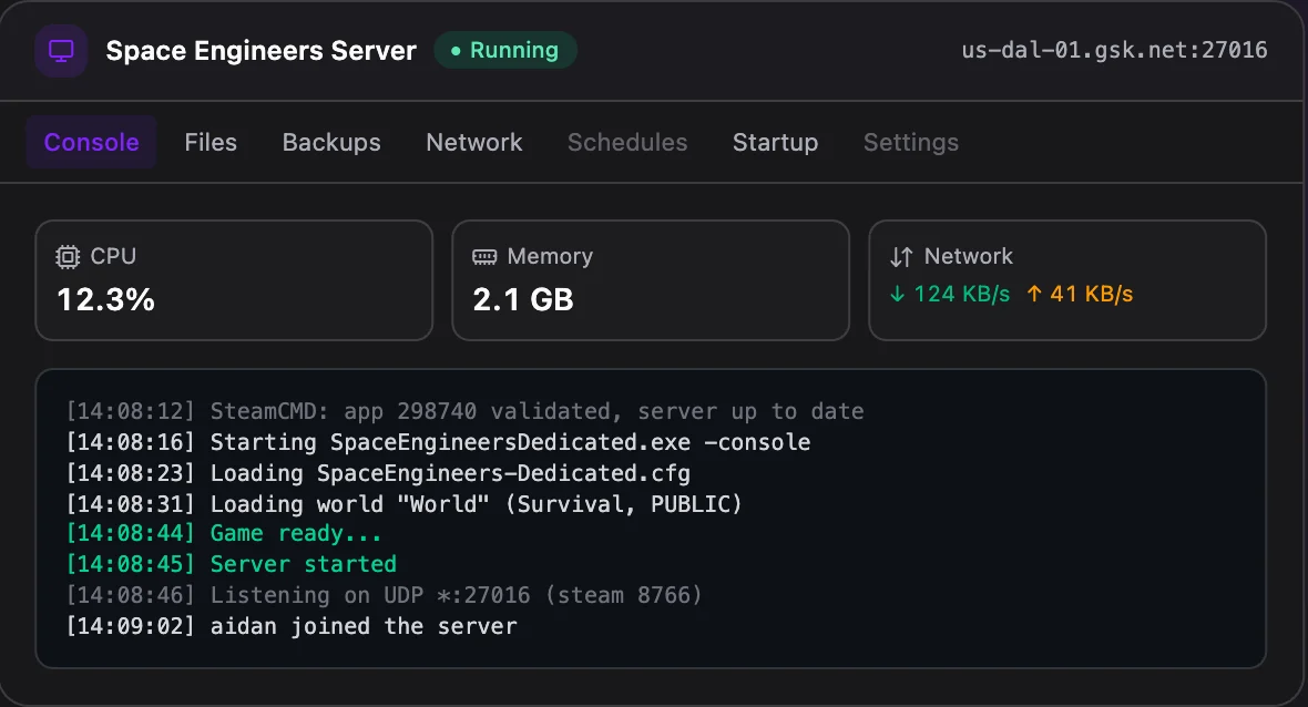 Space Engineers game panel — live server console