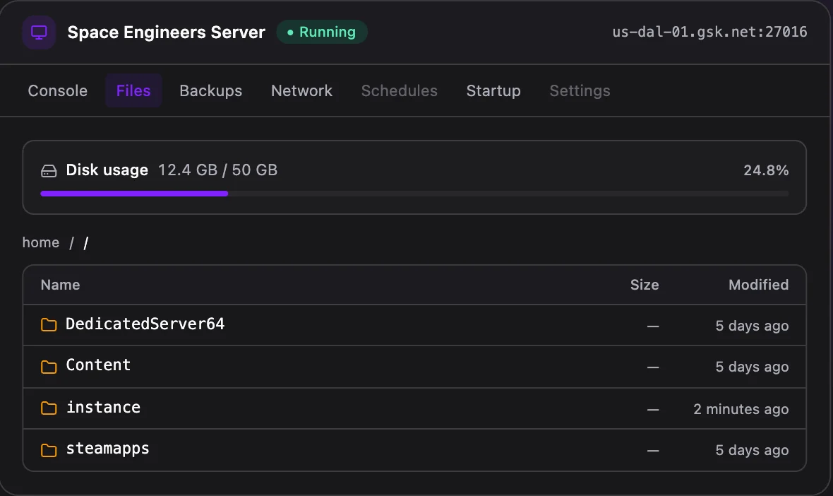 Space Engineers game panel — full file manager
