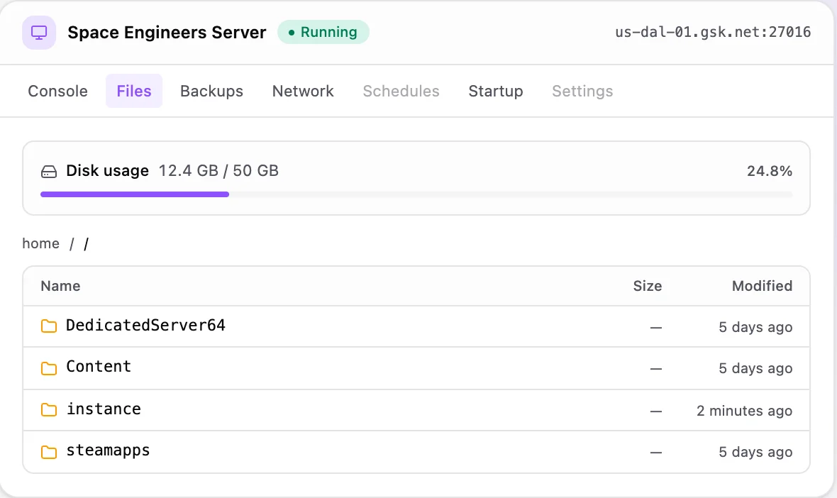 Space Engineers game panel — full file manager