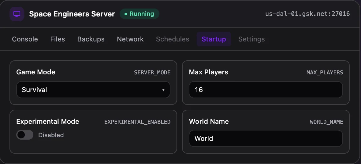 Space Engineers game panel — startup configuration