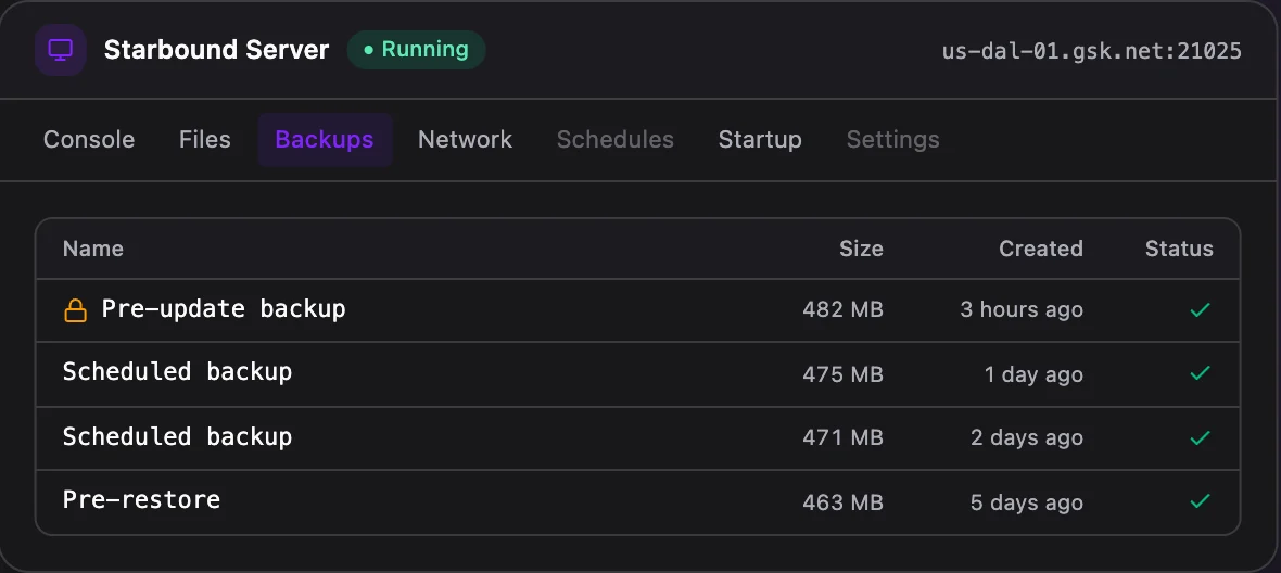Starbound game panel — one-click backups