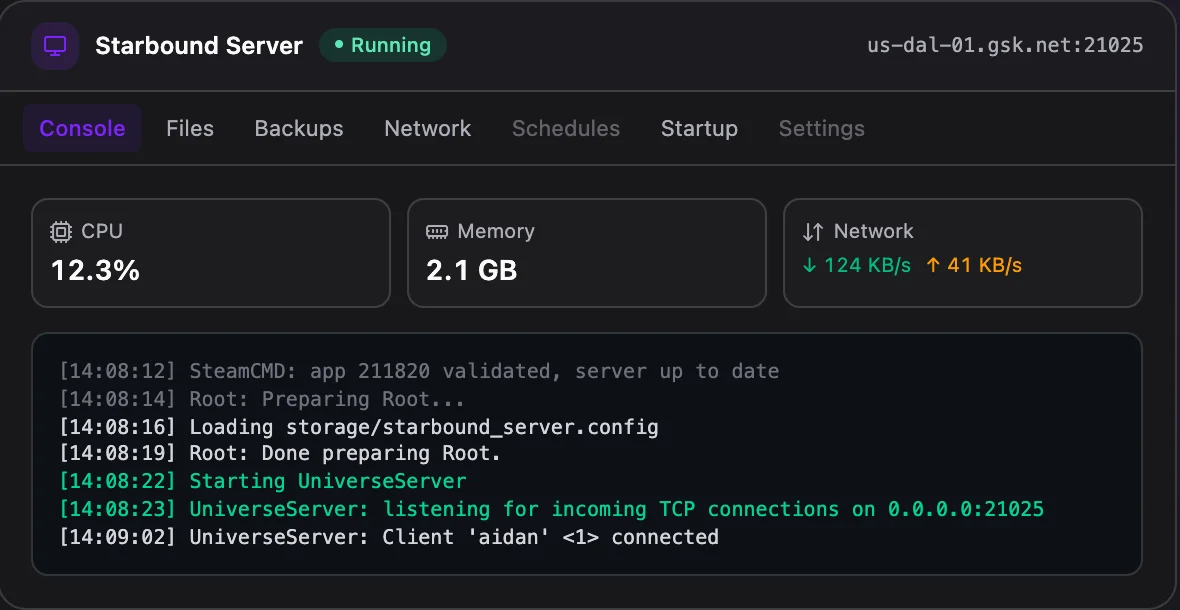 Starbound game panel — live server console