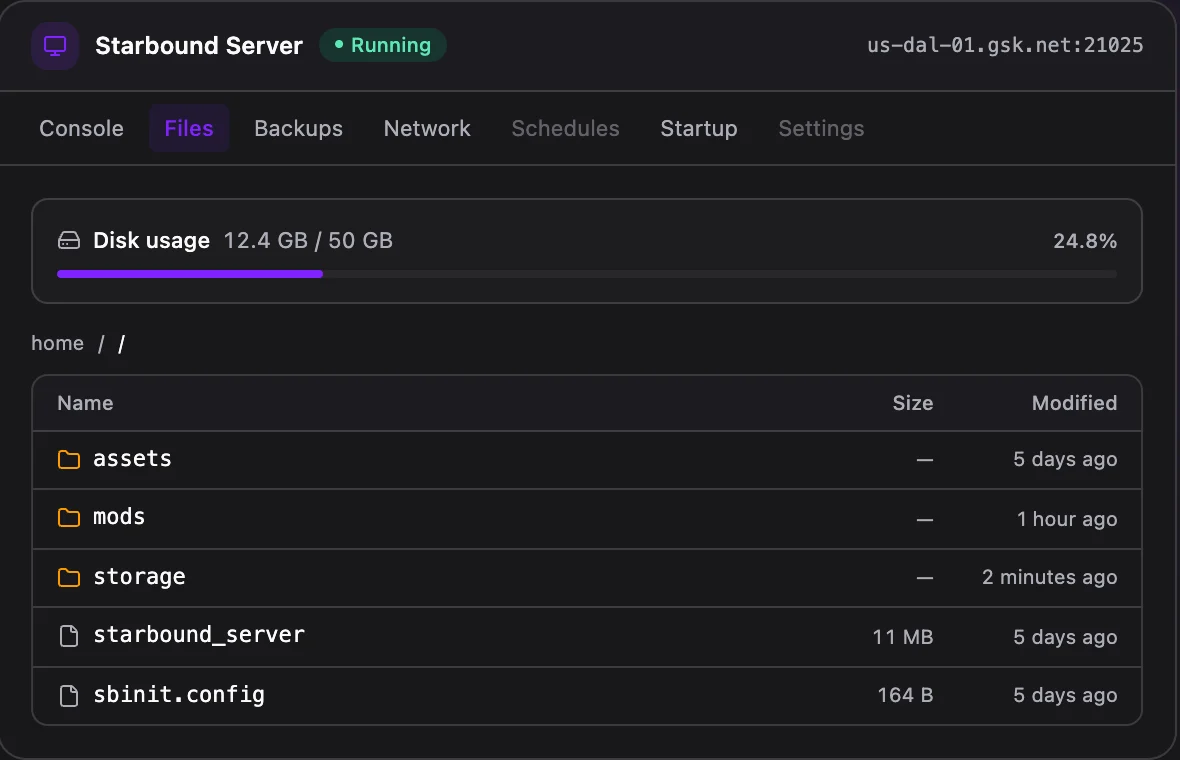 Starbound game panel — full file manager