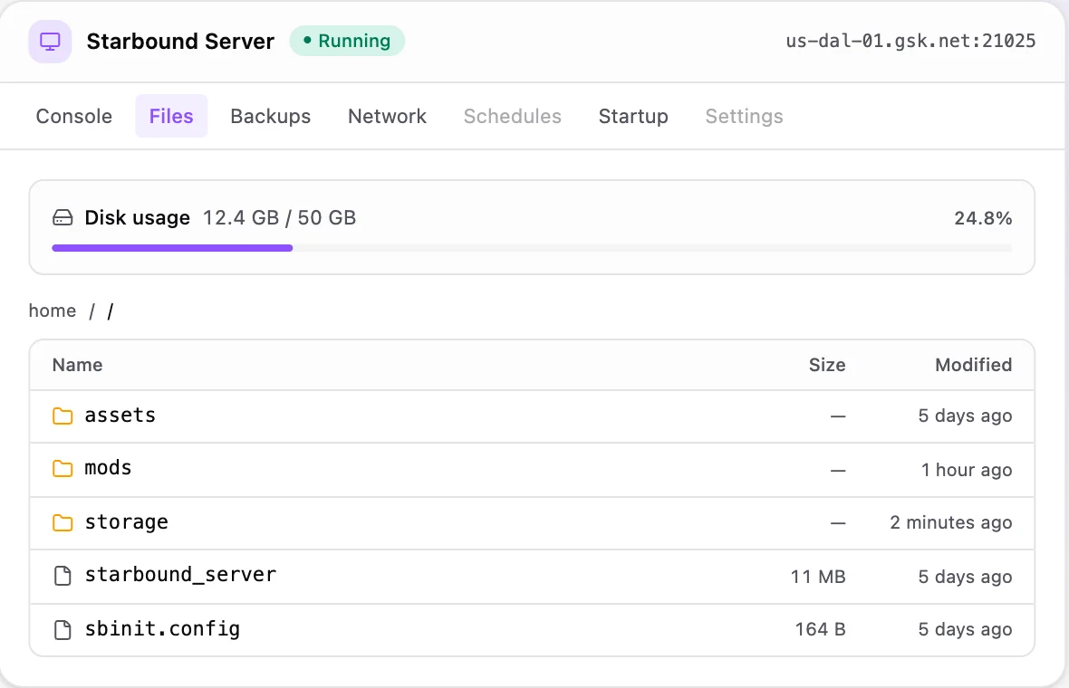 Starbound game panel — full file manager