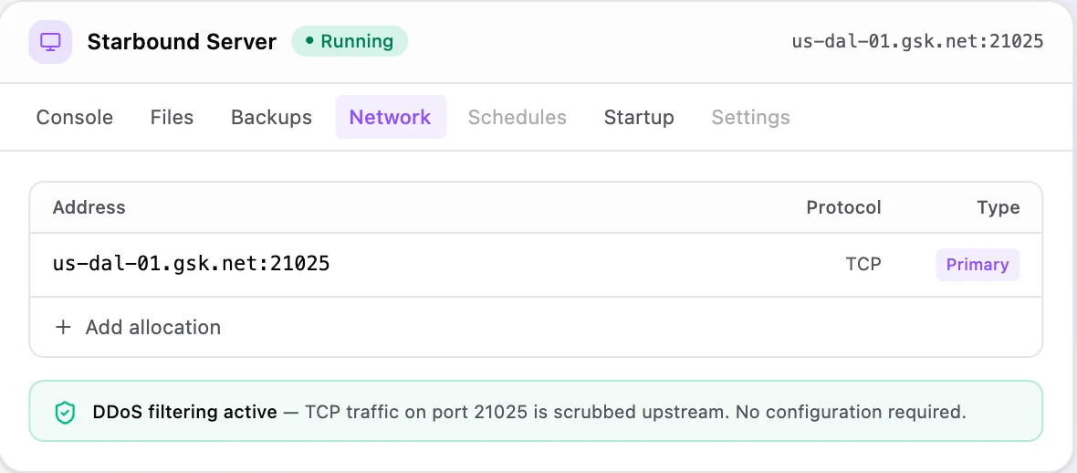 Starbound game panel — network & allocations