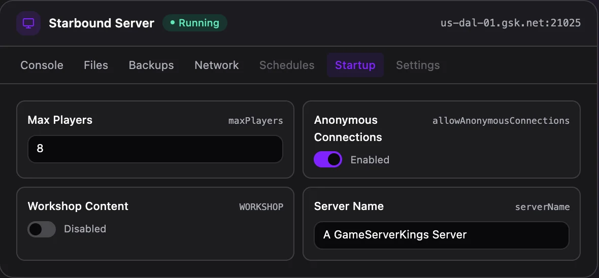Starbound game panel — startup configuration