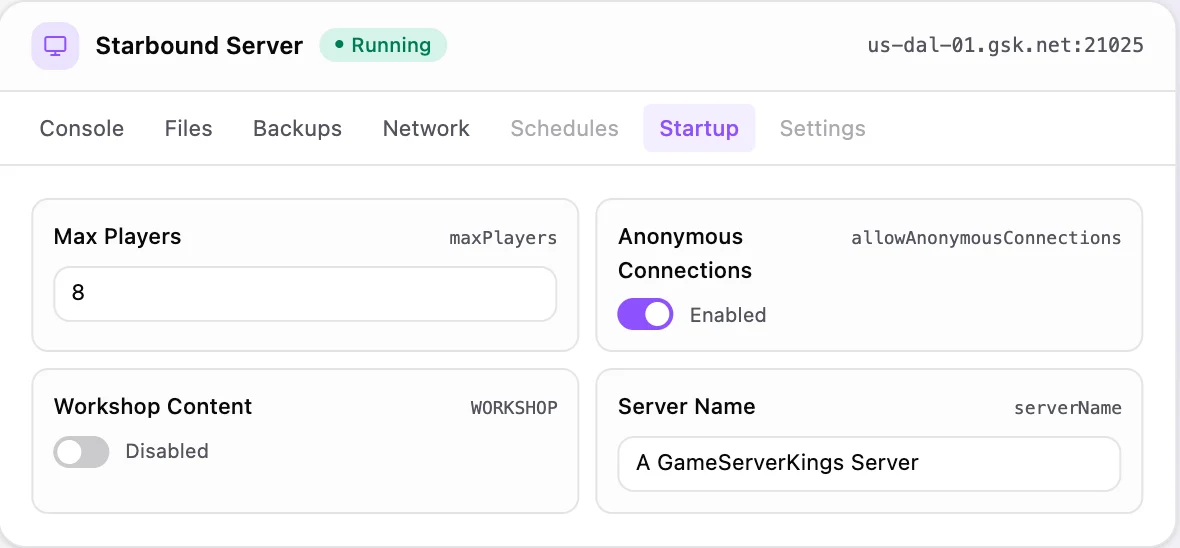 Starbound game panel — startup configuration
