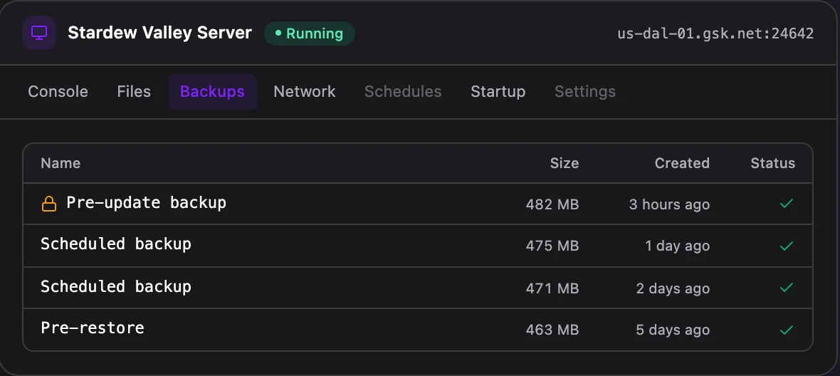 Stardew Valley game panel — one-click backups