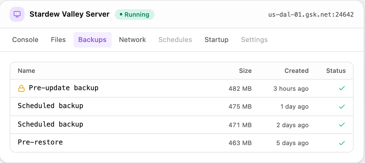Stardew Valley game panel — one-click backups