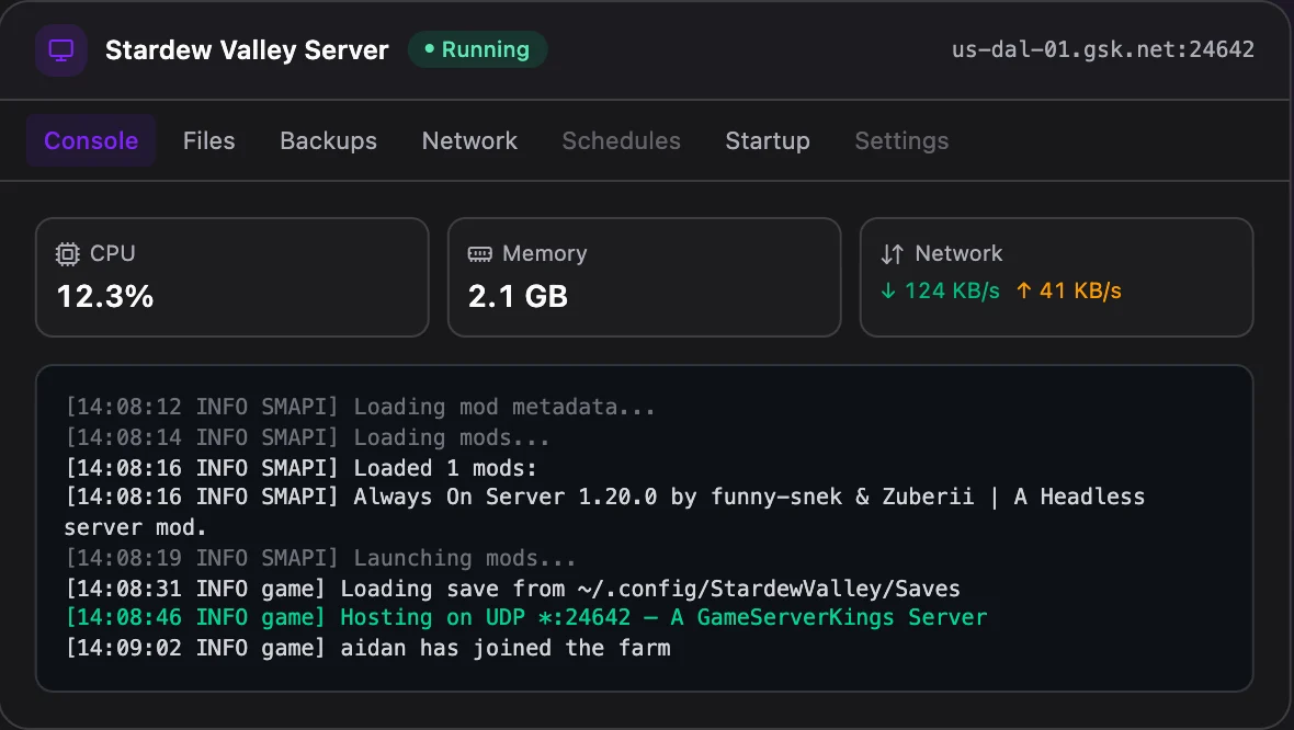 Stardew Valley game panel — live server console