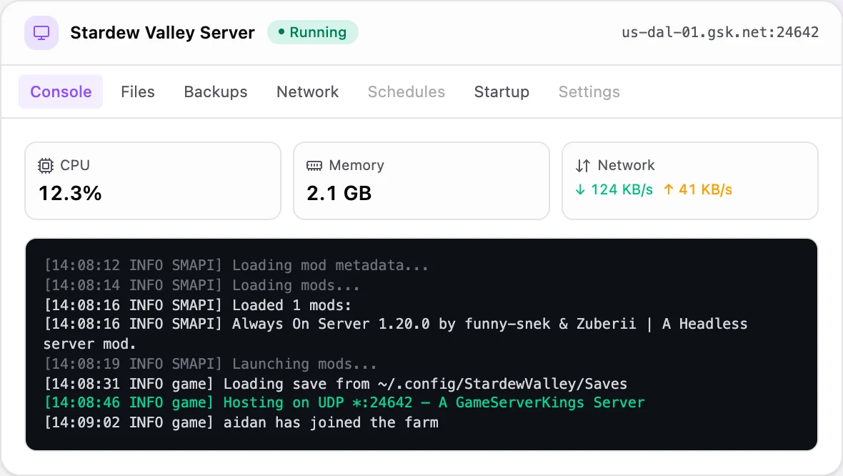 Stardew Valley game panel — live server console