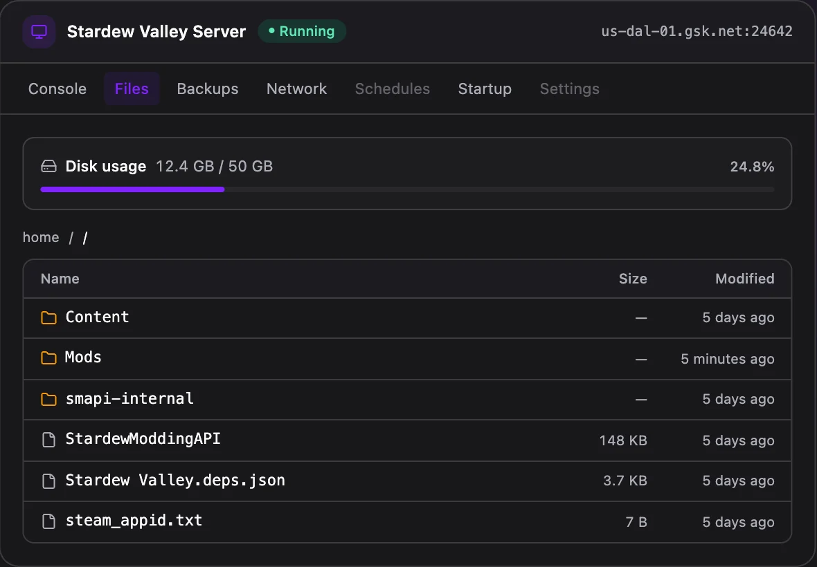 Stardew Valley game panel — full file manager