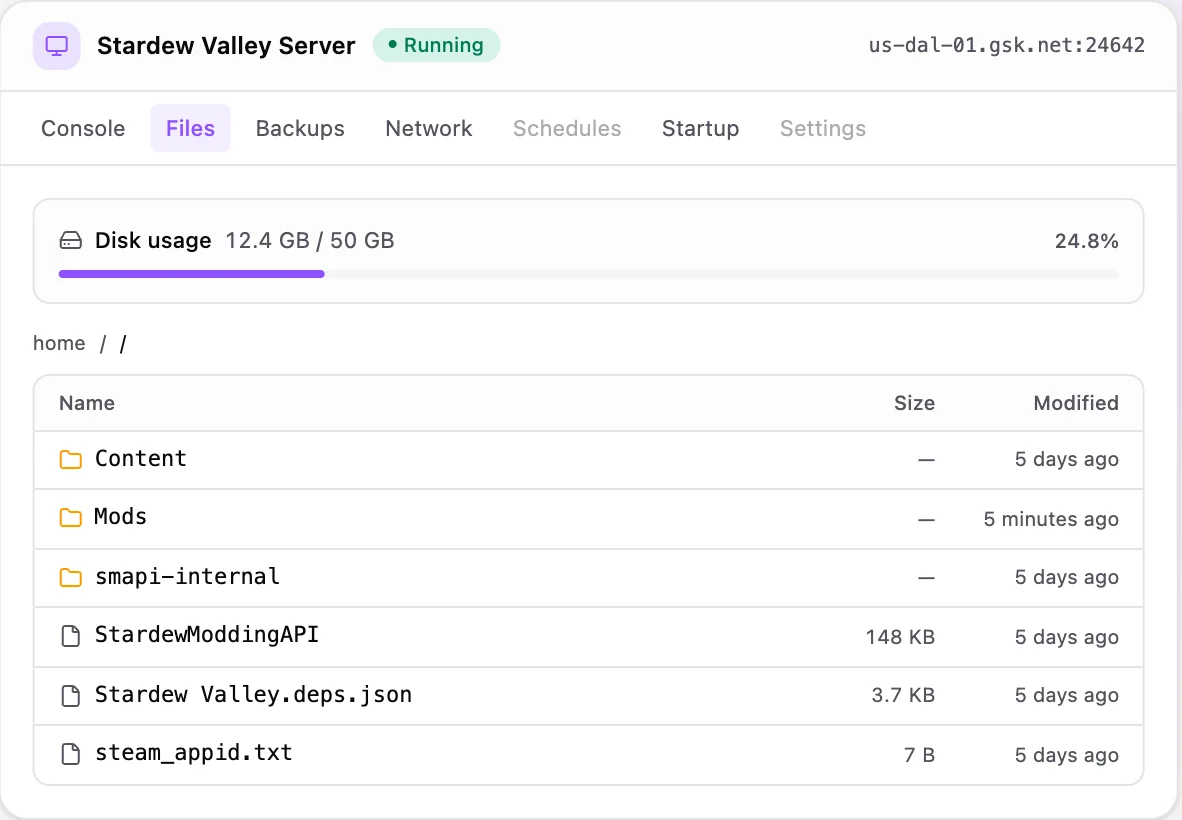 Stardew Valley game panel — full file manager