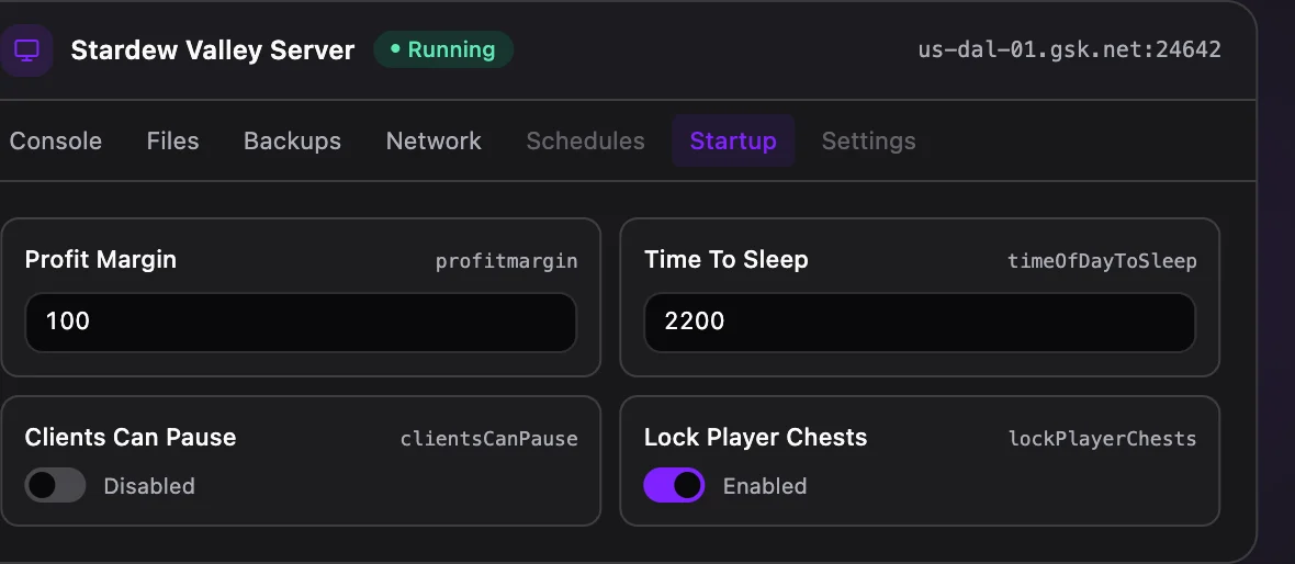 Stardew Valley game panel — startup configuration