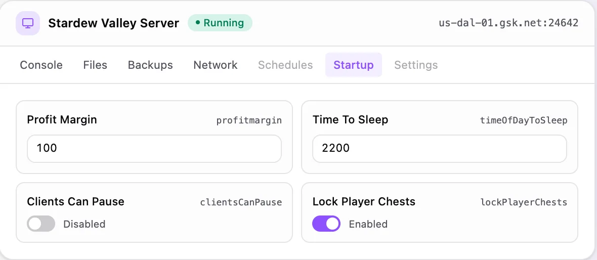 Stardew Valley game panel — startup configuration