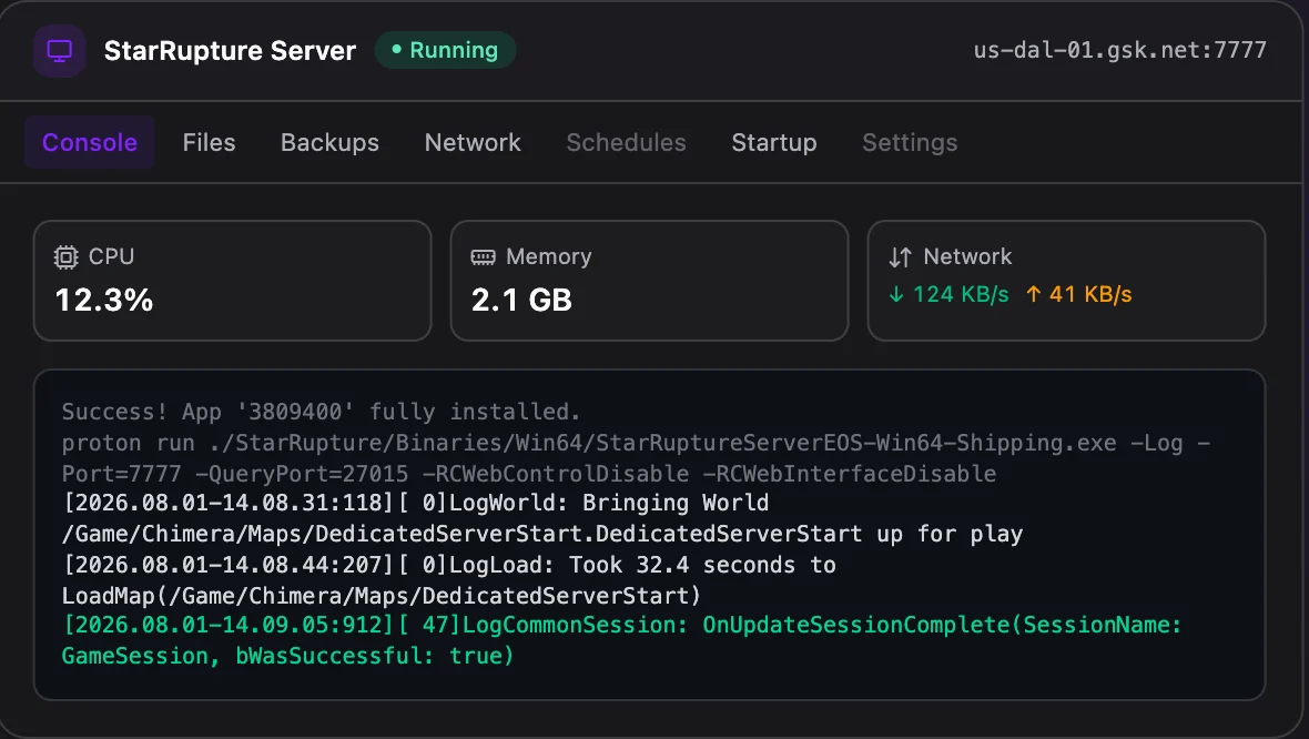 StarRupture game panel — live server console