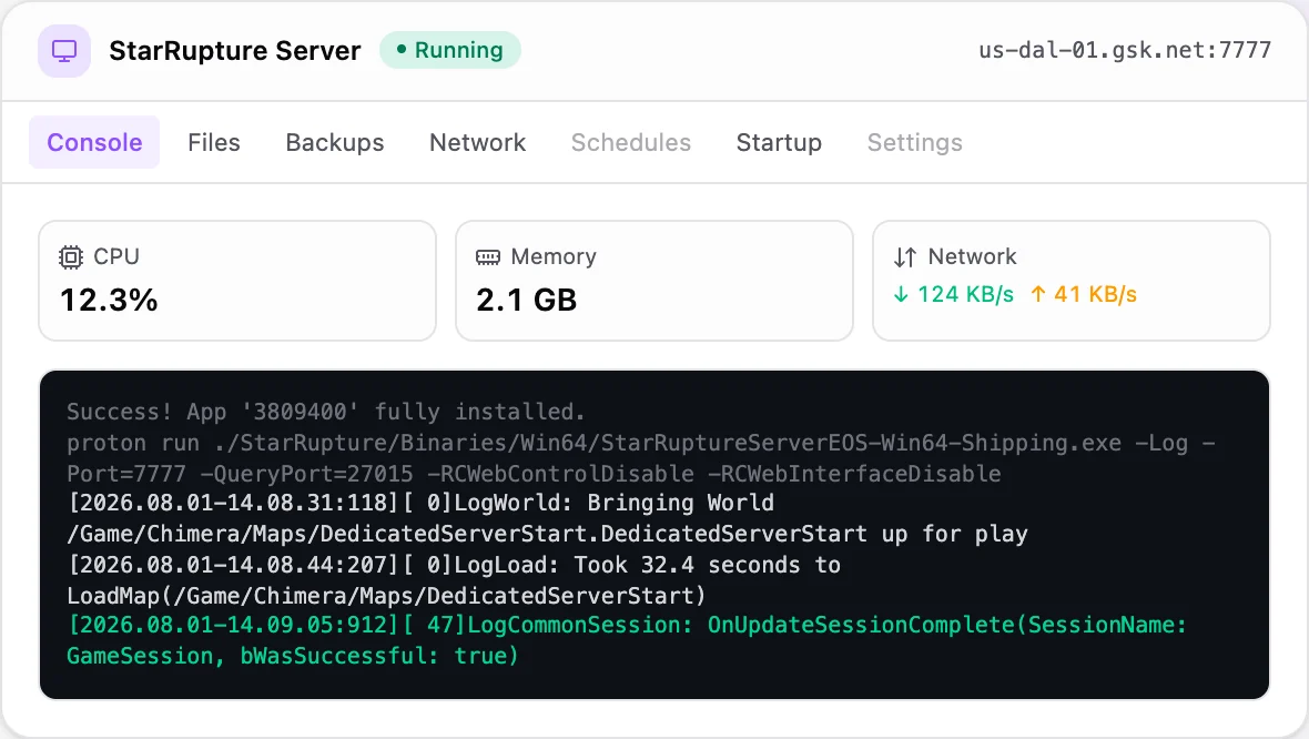 StarRupture game panel — live server console