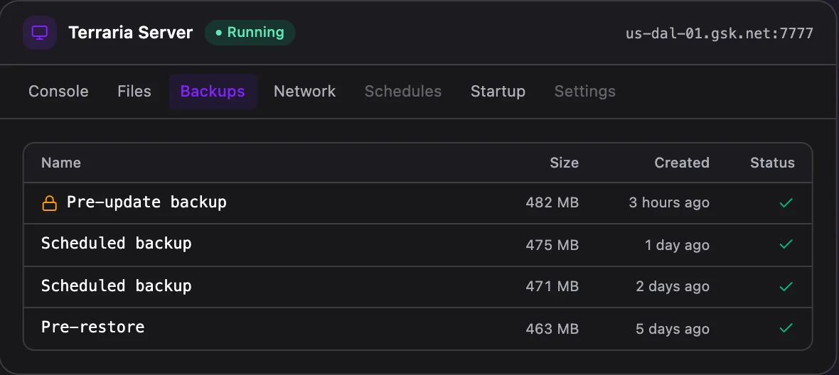Terraria game panel — one-click backups