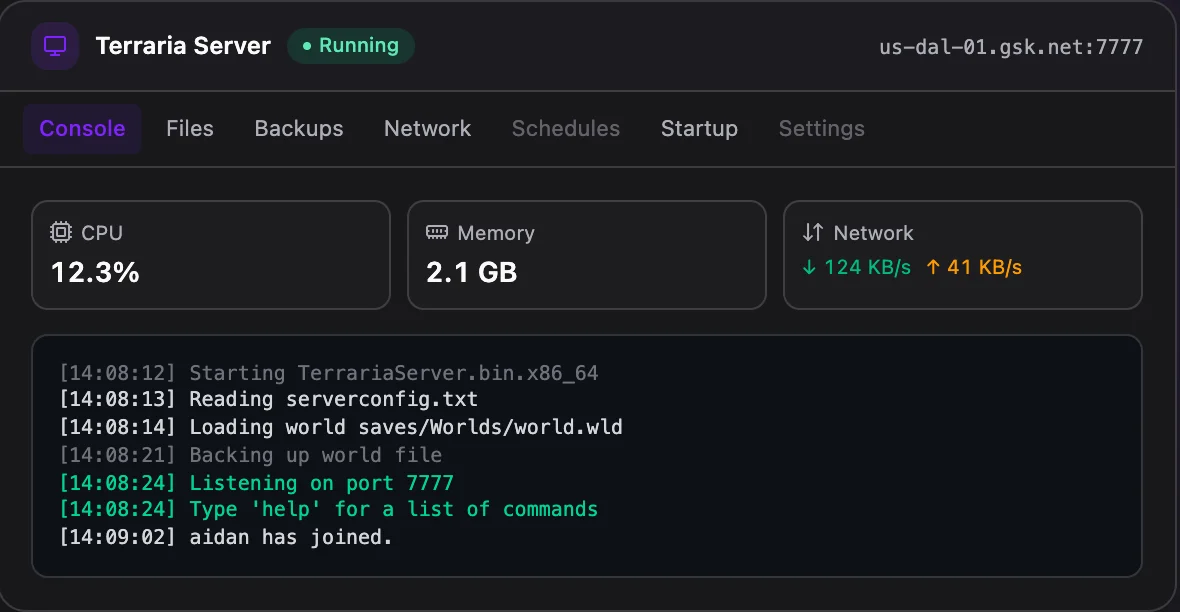 Terraria game panel — live server console