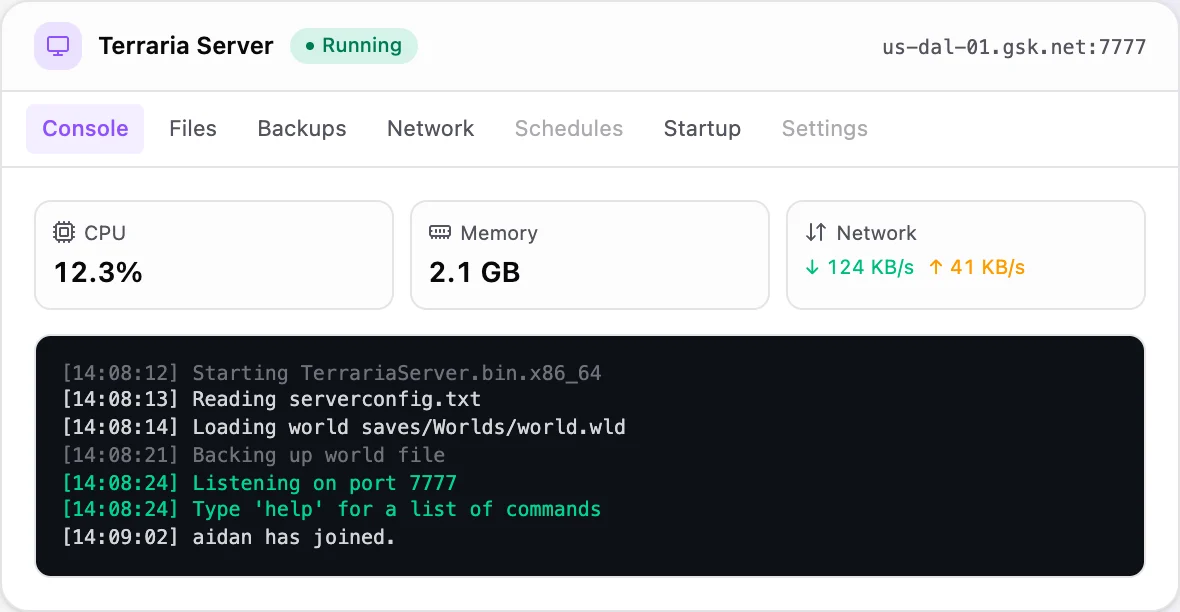Terraria game panel — live server console