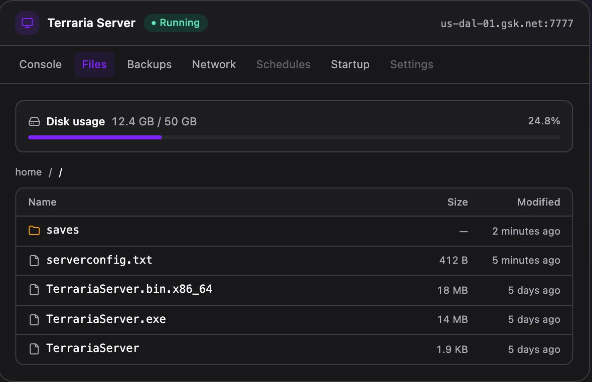 Terraria game panel — full file manager