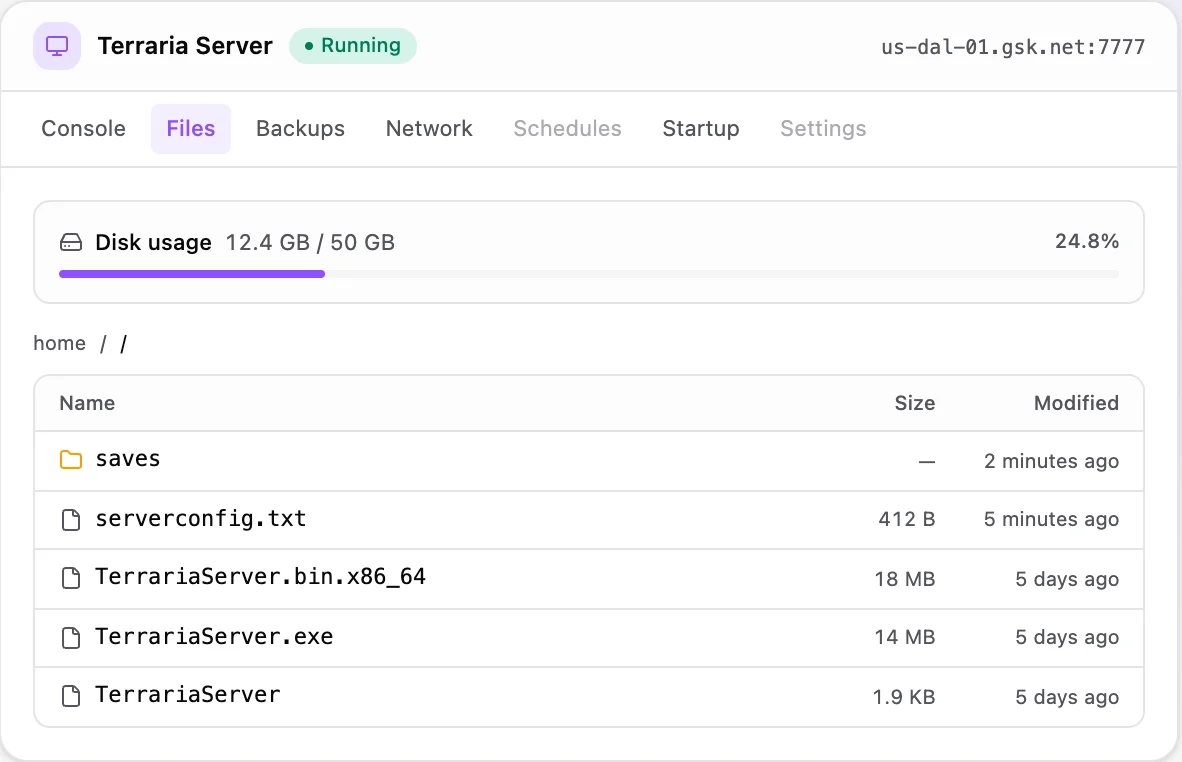 Terraria game panel — full file manager