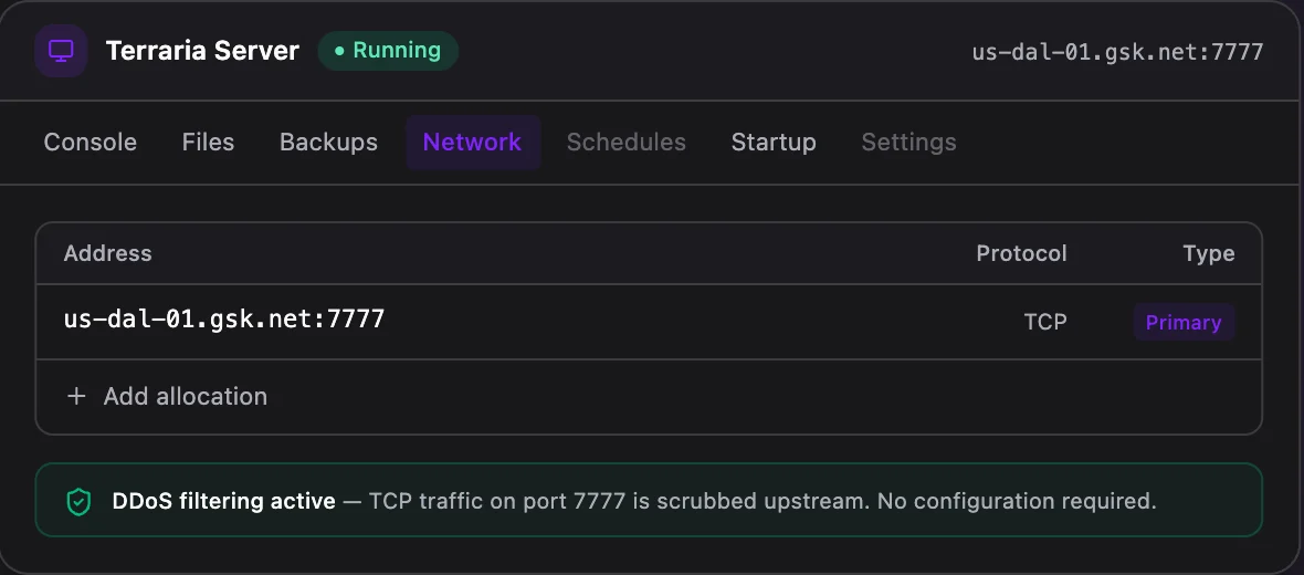 Terraria game panel — network & allocations