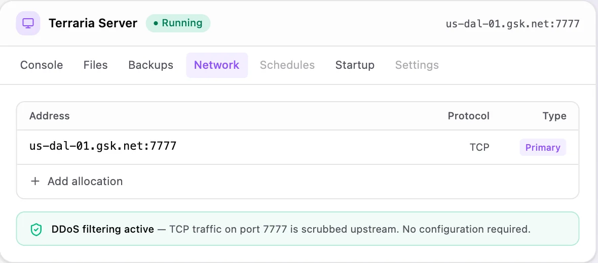 Terraria game panel — network & allocations