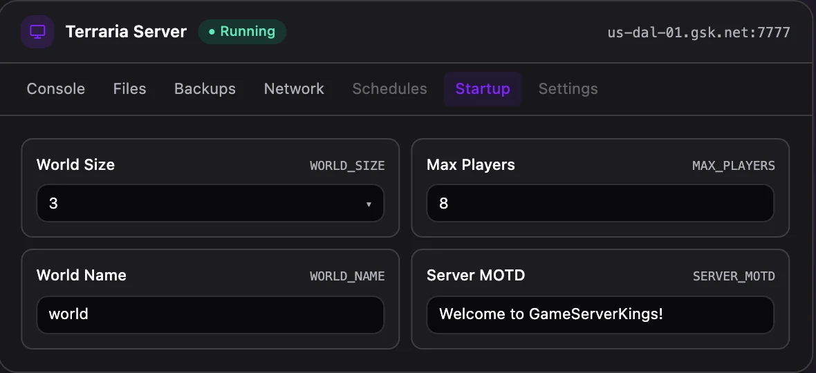 Terraria game panel — startup configuration