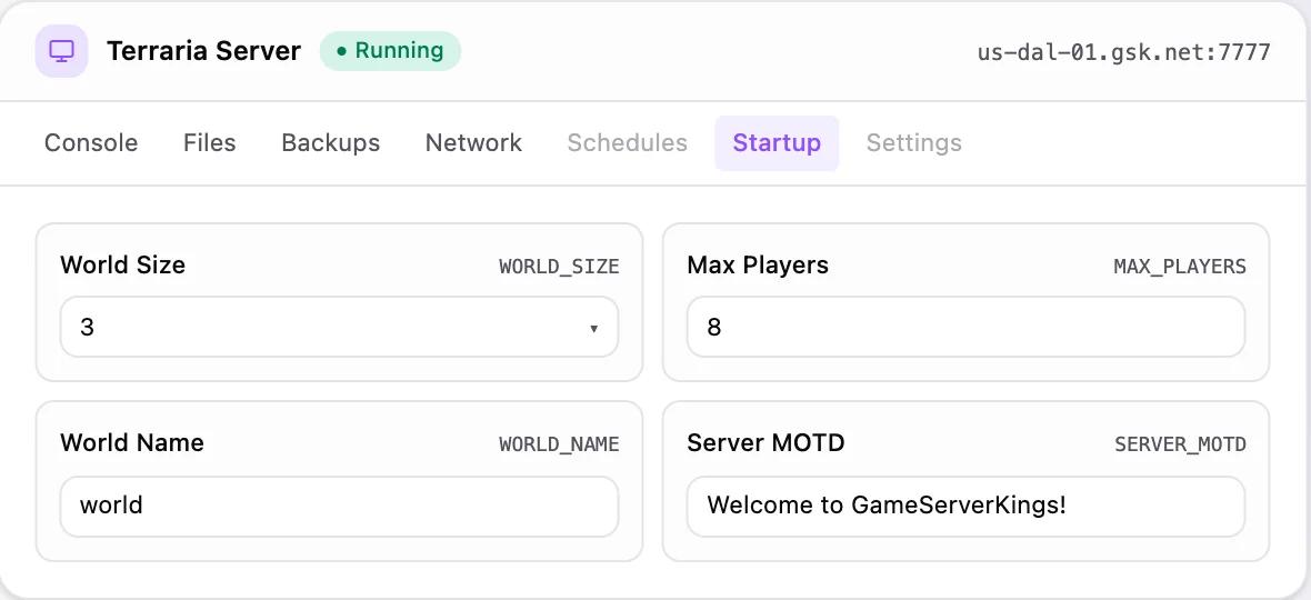 Terraria game panel — startup configuration
