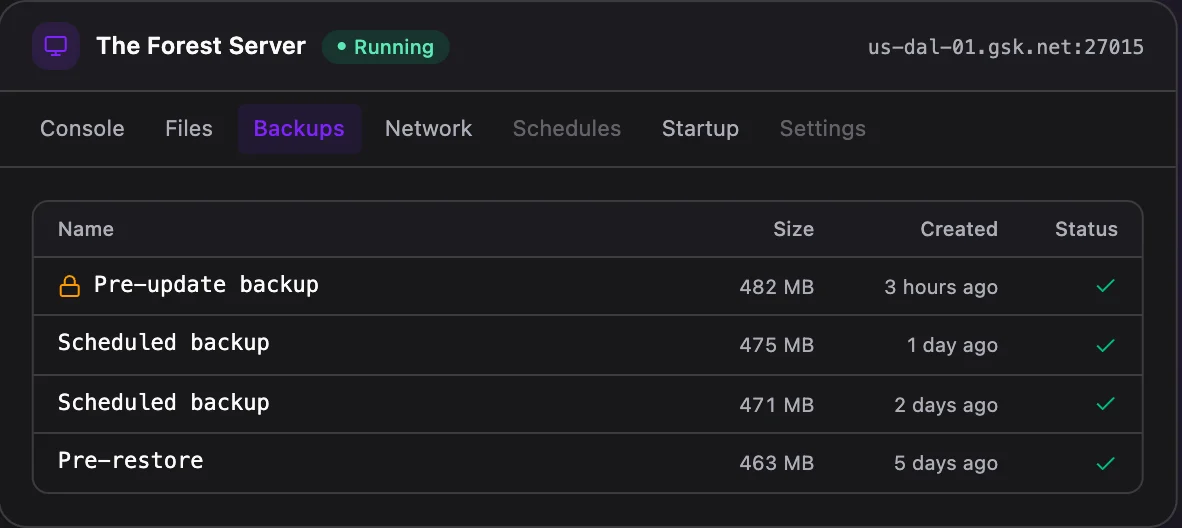 The Forest game panel — one-click backups