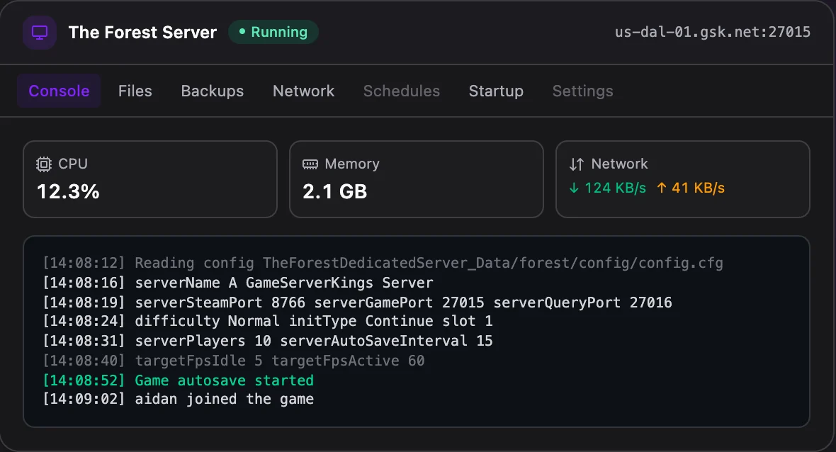 The Forest game panel — live server console