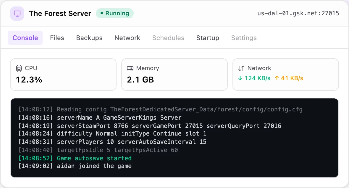 The Forest game panel — live server console