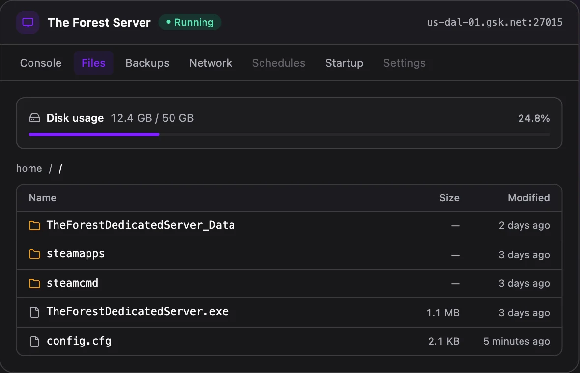The Forest game panel — full file manager