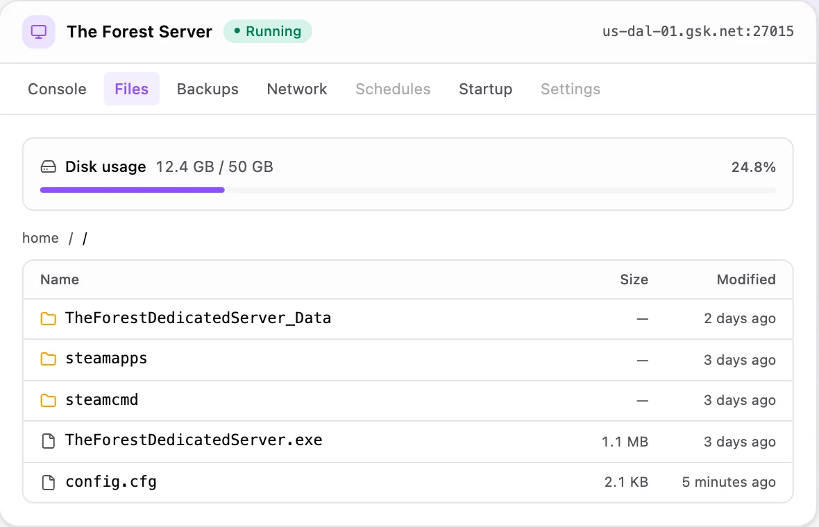 The Forest game panel — full file manager