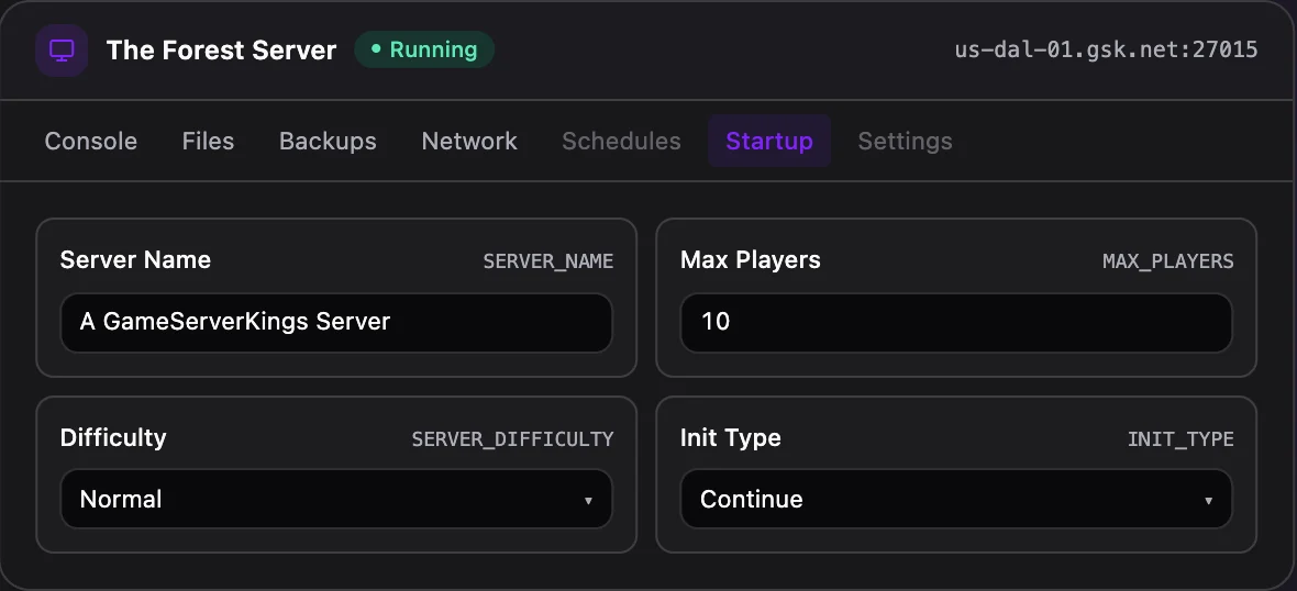 The Forest game panel — startup configuration