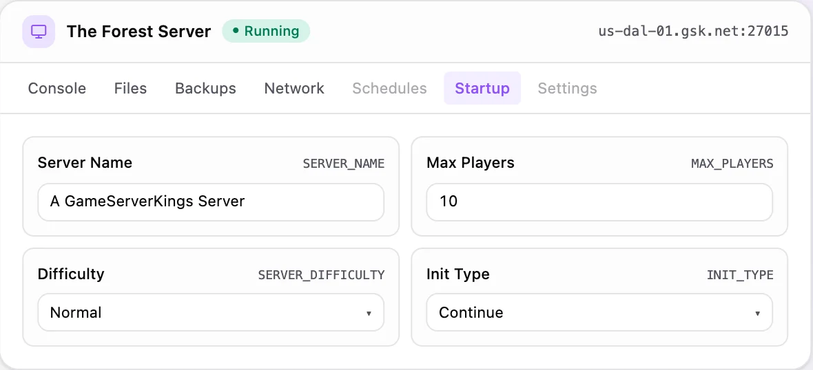 The Forest game panel — startup configuration