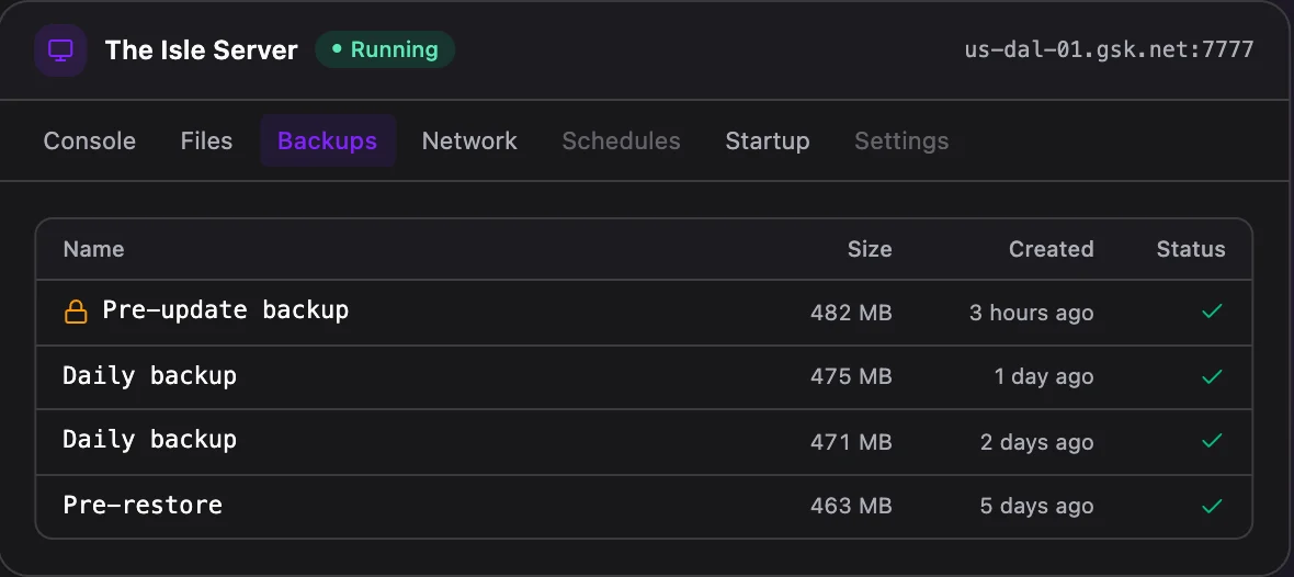 The Isle game panel — automated backups