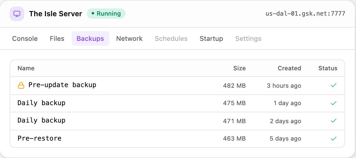 The Isle game panel — automated backups
