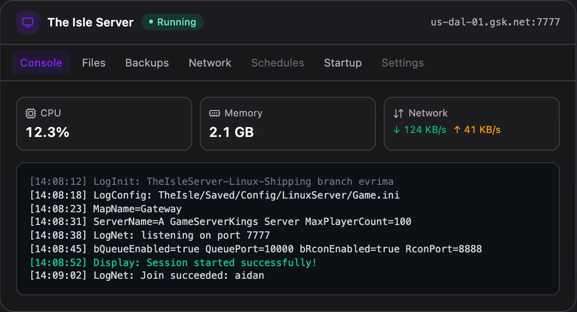 The Isle game panel — live server console