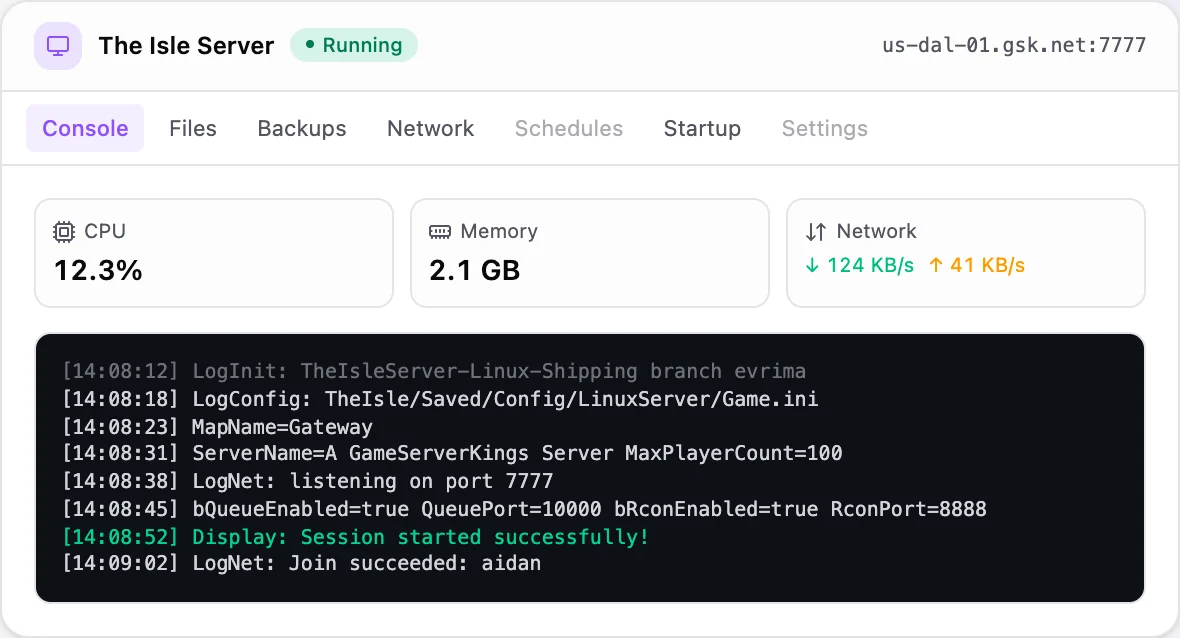 The Isle game panel — live server console