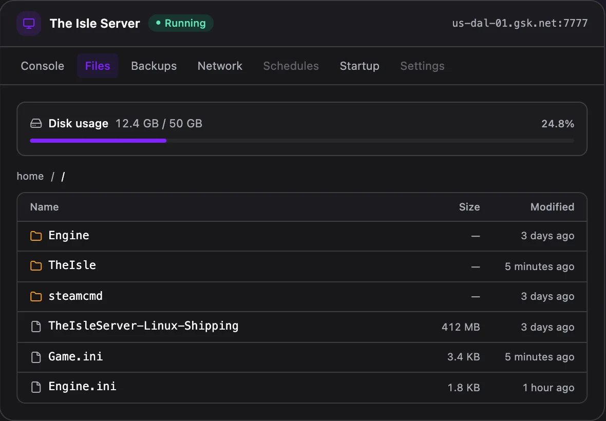 The Isle game panel — full file manager