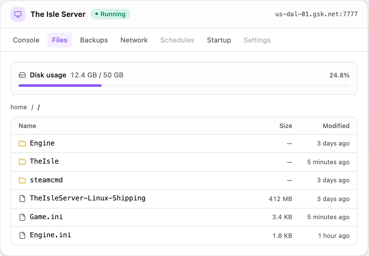 The Isle game panel — full file manager