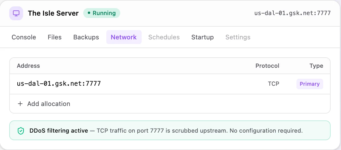 The Isle game panel — network & allocations